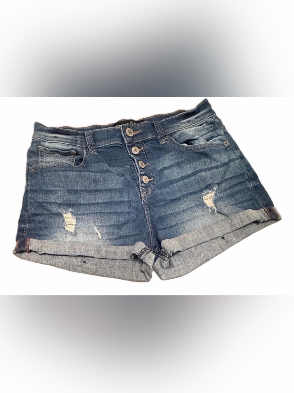 EXPRESS Women’s Mid-Wash Blue Denim Button-Fly Distressed Shorts